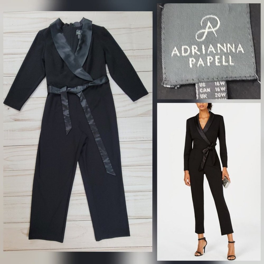 Adrianna Papell Women's Jumpsuit Black Crepe Tuxedo Collar Long Sleeve Size 16W